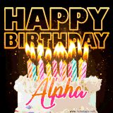 A vibrant animated GIF featuring a delicious birthday cake topped with glowing candles and the name 'Alpha' in elegant script, and the words 'Happy Birthday' on the black background.