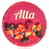 Beautifully decorated red velvet berry birthday cake with vibrant fruits and a glowing 'Alta' name, adding a touch of sweetness and sparkle.