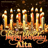 A glowing personalized birthday GIF with name Alta featuring lit candles with intricate designs, warm lighting, and the text 'Happy Birthday' in an elegant font.
