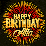 Golden 'Happy Birthday Alta' text accompanied by animated rainbow fireworks for a festive animated greeting.