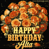 Animated bouquet of orange roses with moving butterfles and golden 'Happy Birthday Alta' text, surrounded by sparkling accents and a dark backdrop for a luxurious feel.