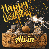 Animated GIF featuring the text 'Happy Birthday Alvin' written in glittering gold above the luxurious chocolate birthday cake adorned with truffles, gold stars, and sparklers.