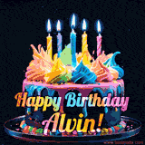 A vibrant animated GIF featuring a colorful rotating birthday cake with bright frosting swirls, glowing candles, and the text 'Happy Birthday Alvin!' in rainbow colors.