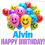 An animated birthday-themed name GIF with colorful smiling balloons and bold 'Alvin, Happy Birthday!' text for a celebratory touch.