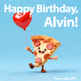 Funny animated pepperoni pizza slice dancing and holding a balloon with Happy Birthday Alvin text