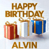 Three animated presents with golden ribbons continuously jumping in the air below a shiny 3D Happy Birthday Alvin greeting