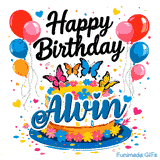 A gourmet birthday cake with colorful blossoms and butterfly toppers on a blue pedestal, custom-made for Alvin.