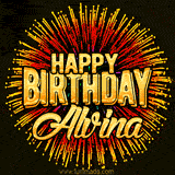 Golden 'Happy Birthday Alvina' text accompanied by animated rainbow fireworks for a festive animated greeting.