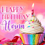 A vibrant birthday GIF featuring a rainbow-colored cupcake topped with white frosting, sprinkles, and a lit candle. The text reads 'Happy Birthday Alvina' in bold pink and violet letters with white outline.