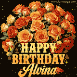Animated bouquet of orange roses with moving butterfles and golden 'Happy Birthday Alvina' text, surrounded by sparkling accents and a dark backdrop for a luxurious feel.
