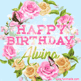 A charming animated GIF featuring 'Happy Birthday Alvina' in pink and green text, surrounded by delicate roses, leaves, and fluttering butterflies on a soft light blue pastel background.