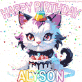 Cute cosmic cat with a birthday cake for Alyson surrounded by a shimmering array of rainbow stars