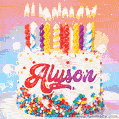 Personalized for Alyson elegant birthday cake adorned with rainbow sprinkles, colorful candles and glitter