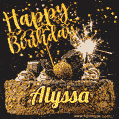 Celebrate Alyssa's birthday with a GIF featuring chocolate cake, a lit sparkler, and golden stars