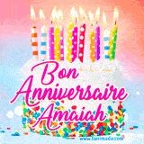 A white birthday cake covered in colorful sprinkles, topped with bright candles, and French text 'Bon Anniversaire Amaiah' on a pastel gradient background in an animated GIF.