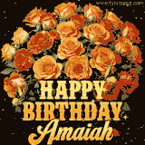 Animated bouquet of orange roses with moving butterfles and golden 'Happy Birthday Amaiah' text, surrounded by sparkling accents and a dark backdrop for a luxurious feel.