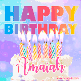 A vibrant animated name GIF with the words 'Happy Birthday Amaiah' with colorful candles on a creamy cake. The background sparkles with pastel shades, adding a festive touch.