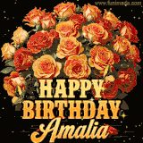 Animated bouquet of orange roses with moving butterfles and golden 'Happy Birthday Amalia' text, surrounded by sparkling accents and a dark backdrop for a luxurious feel.