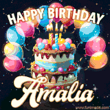Bright birthday animation for Amalia with a chocolate cake, candles, balloons, and glowing celebratory lights.