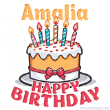 Cartoon birthday cake with a red bow, glowing candles, and 'Amalia Happy Birthday' text in bold animated style.