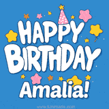 Colorful animated birthday card with the text 'HAPPY BIRTHDAY Amalia!' in a white playful font surrounded by stars, hearts, and a party hat on a blue background.