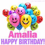 Animated colorful and joyful birthday balloons with cheerful smiles and a bright 'Happy Birthday Amalia!' message in pink and purple.