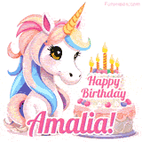 An adorable animated unicorn with soft pastel colors sits beside a birthday cake with glowing candles, and a pink 'Happy Birthday Amalia!' words.