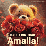 Cinematic style cute animated teddy bear with charming features holding a large bouquet of red roses, the words say 'Happy Birthday Amalia' in sans serif font.