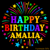 Personalized greeting card with name, colorful text that says 'Happy Birthday Amalia' surrounded by animated fireworks and multicolor stars