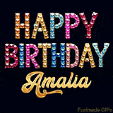 Vibrant luxury birthday greeting card for Amalia, showing glittering gemstone letters and golden calligraphy on a dark background with twinkling shine effects.