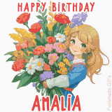 Bright floral birthday animation for Amalia showing a cute cartoon girl with golden hair and expressive eyes holding a huge bouquet, surrounded by birthday text.