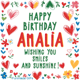 A colorful animated card for Amalia’s birthday featuring playful hearts, cheerful flowers, and a handwritten message wishing smiles and sunshine.