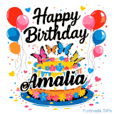 An animated birthday card for Amalia. It features a festive cake with her name, 'Amalia', and colorful butterflies. Floating balloons and hearts complete the joyful scene.