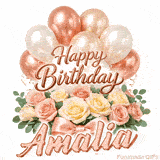 Rose gold balloons and beautiful flowers wishing Happy Birthday to Amalia
