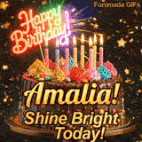 Burning birthday candles on top of a chocolate drip cake with the text Shine Bright Today! at the base, custom-designed for Amalia.