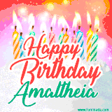 Bright birthday candles with rainbow flames on a cake, alongside the text 'Happy Birthday Amaltheia' in vibrant script in this celebratory animated GIF.