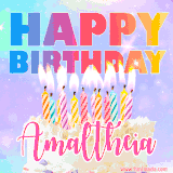 A vibrant animated name GIF with the words 'Happy Birthday Amaltheia' with colorful candles on a creamy cake. The background sparkles with pastel shades, adding a festive touch.