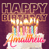 A colorful birthday cake topped with lit candles, with the words 'Happy Birthday Amaltheia' in bold glowing letters on a burgundy background. Animated flames add a festive touch.