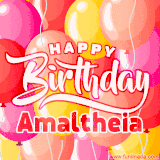 A vibrant name GIF featuring colorful balloons in shades of pink, orange, and yellow with the bold text 'Happy Birthday Amaltheia' in festive fonts, creating a lively birthday vibe.