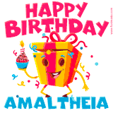 A vibrant and funny gift box character with a happy face dancing with a cupcake and the text 'Happy Birthday Amaltheia,' surrounded by animated confetti and party vibes.