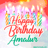 Bright birthday candles with rainbow flames on a cake, alongside the text 'Happy Birthday Amalur' in vibrant script in this celebratory animated GIF.