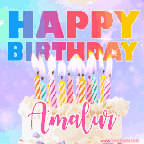 A vibrant animated name GIF with the words 'Happy Birthday Amalur' with colorful candles on a creamy cake. The background sparkles with pastel shades, adding a festive touch.