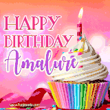 A vibrant birthday GIF featuring a rainbow-colored cupcake topped with white frosting, sprinkles, and a lit candle. The text reads 'Happy Birthday Amalure' in bold pink and violet letters with white outline.