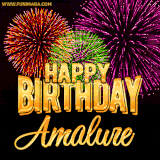 A golden 'Happy Birthday Amalure' message with vibrant fireworks in the background, creating a festive and celebratory vibe in this animated name GIF.