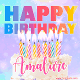 A vibrant animated name GIF with the words 'Happy Birthday Amalure' with colorful candles on a creamy cake. The background sparkles with pastel shades, adding a festive touch.