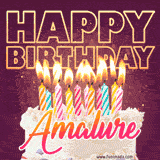 A colorful birthday cake topped with lit candles, with the words 'Happy Birthday Amalure' in bold glowing letters on a burgundy background. Animated flames add a festive touch.