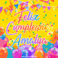 A bright and festive GIF with the text 'Feliz Cumpleaños Amalya' in Spanish in colorful fonts, surrounded by confetti, balloons, and festive banners on a vibrant yellow background.