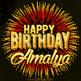 Golden 'Happy Birthday Amalya' text accompanied by animated rainbow fireworks for a festive animated greeting.