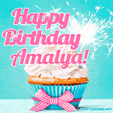 A festive cupcake with pink icing, a gingham bow, and a lit animated sparkler, paired with 'Happy Birthday Amalya!' in bright pink text.