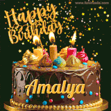 A delightful chocolate birthday cake with bright candles and 'Happy Birthday Amalya' written in gold amidst a shower of animated stars.